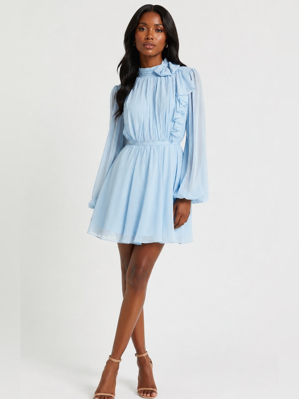 Sky Blue Ruffle-Accent Chiffon Mini Dress